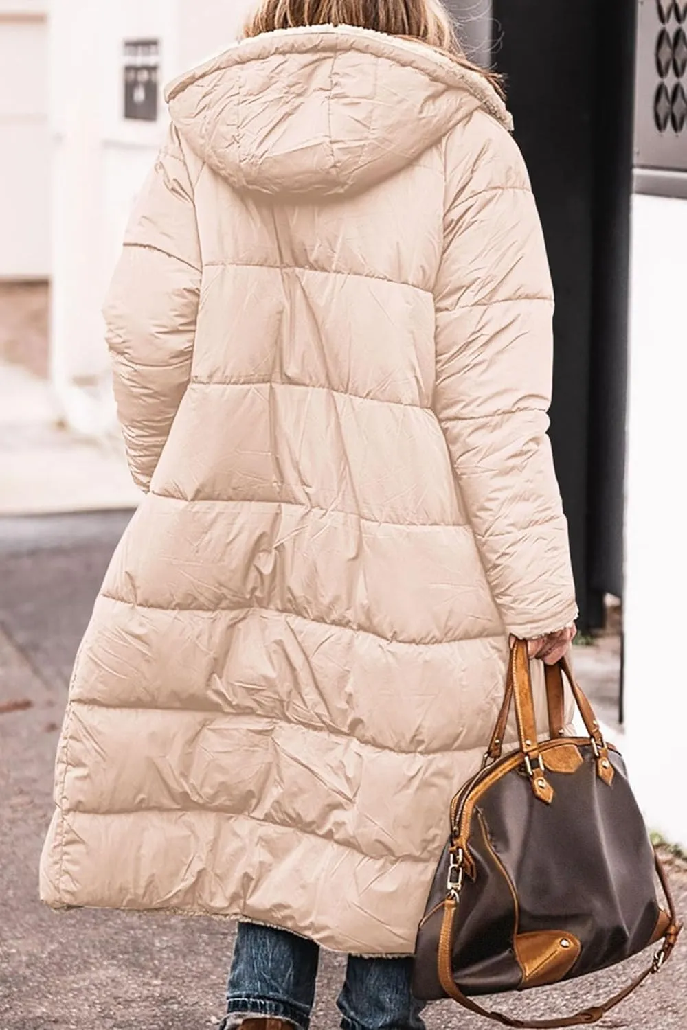 Long Winter Coats for Women Fleece Reversible Puffer Jackets Sherpa Padded Down Coat Oversized Long Sleeve Hooded