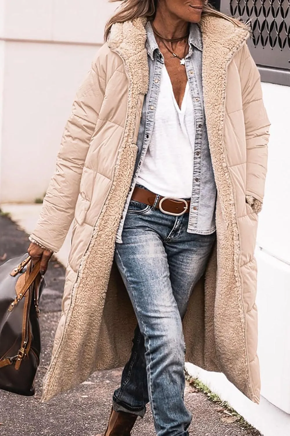 Long Winter Coats for Women Fleece Reversible Puffer Jackets Sherpa Padded Down Coat Oversized Long Sleeve Hooded