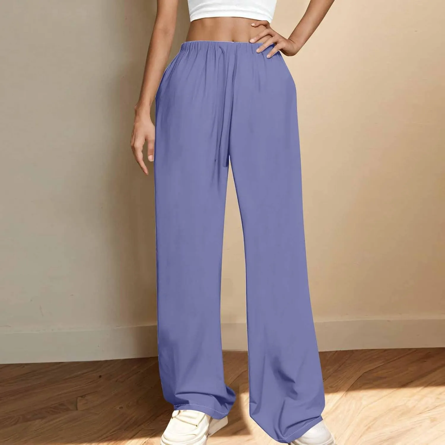 Lounge Pants Women Flowy Beach Pants Linen Palazzo Pants Summer Elastic Pants Workout Soft Pants Long Trousers