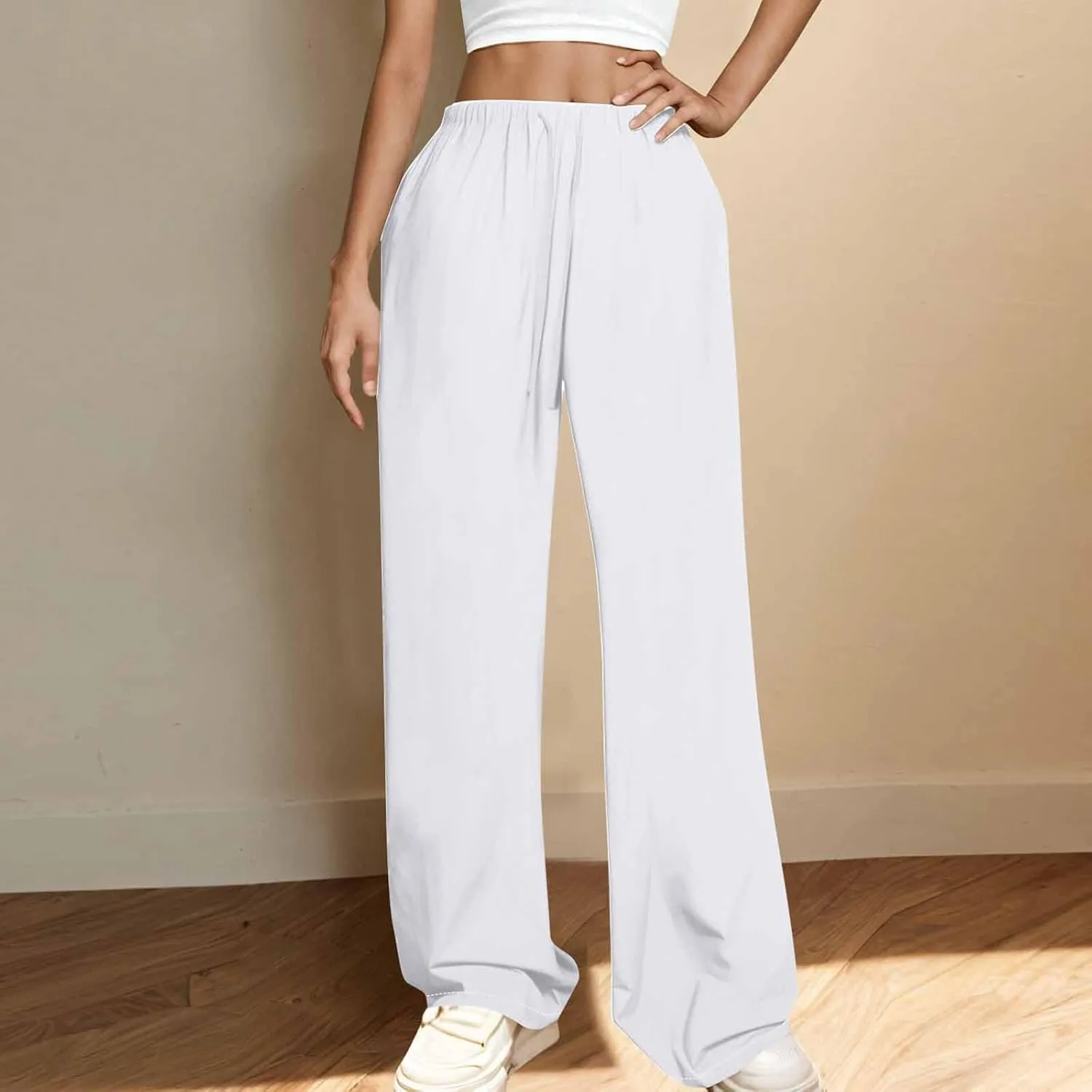 Lounge Pants Women Flowy Beach Pants Linen Palazzo Pants Summer Elastic Pants Workout Soft Pants Long Trousers
