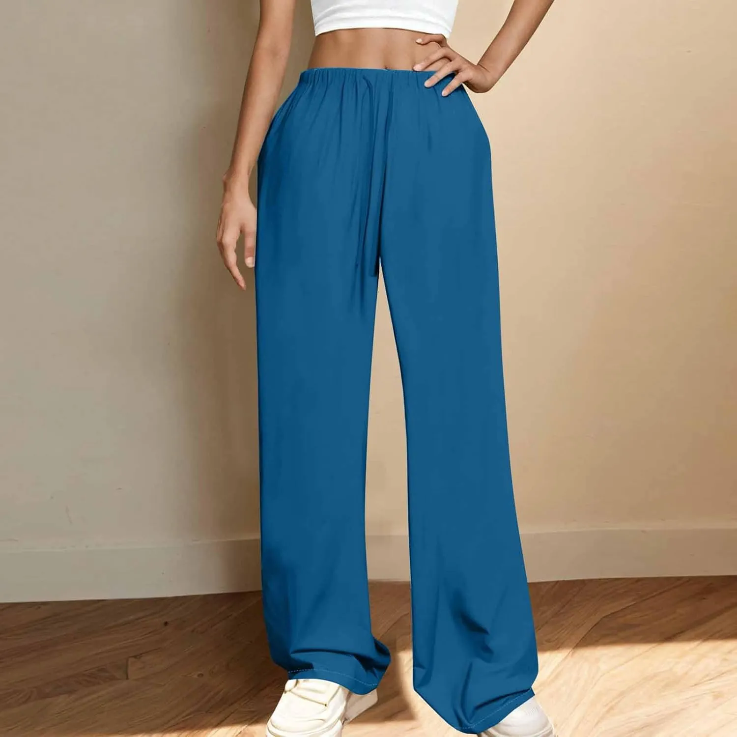 Lounge Pants Women Flowy Beach Pants Linen Palazzo Pants Summer Elastic Pants Workout Soft Pants Long Trousers