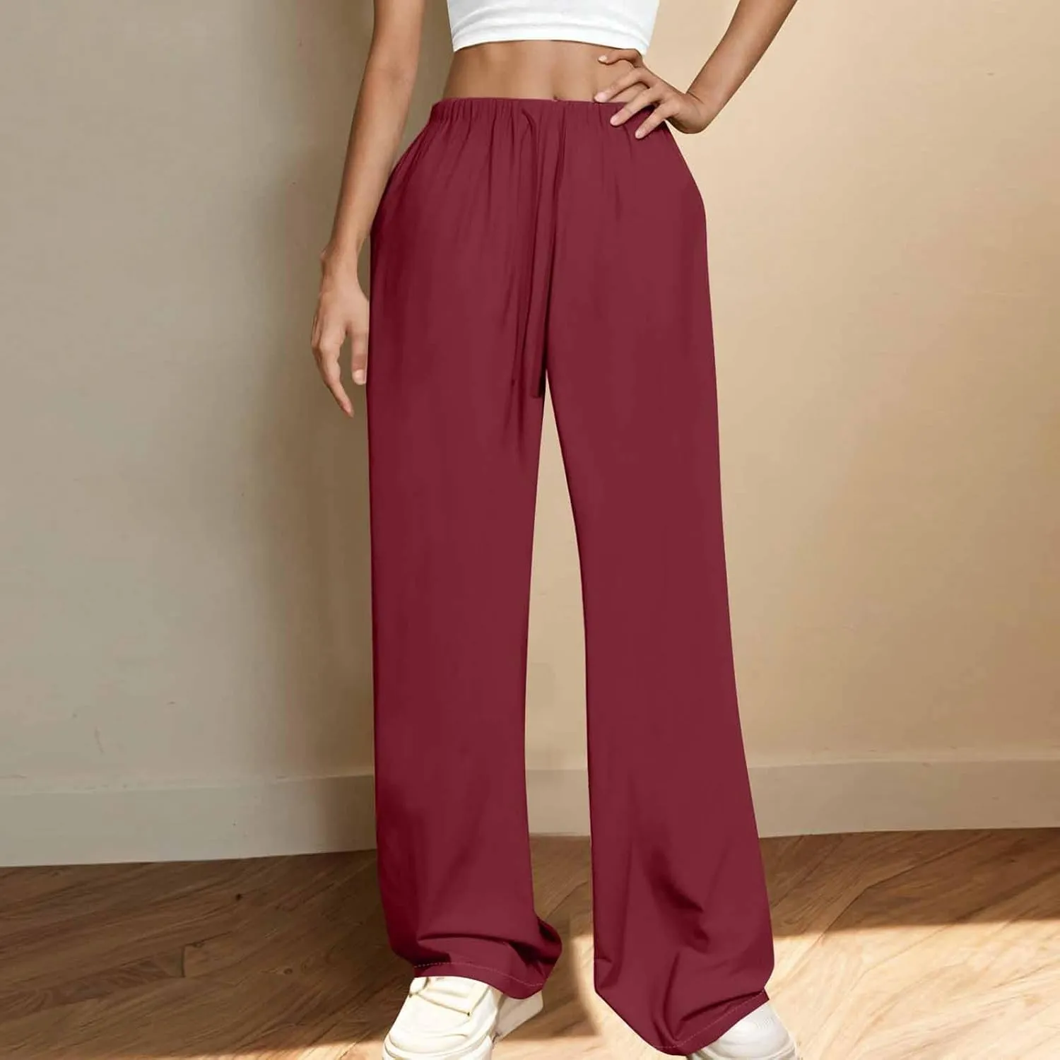 Lounge Pants Women Flowy Beach Pants Linen Palazzo Pants Summer Elastic Pants Workout Soft Pants Long Trousers