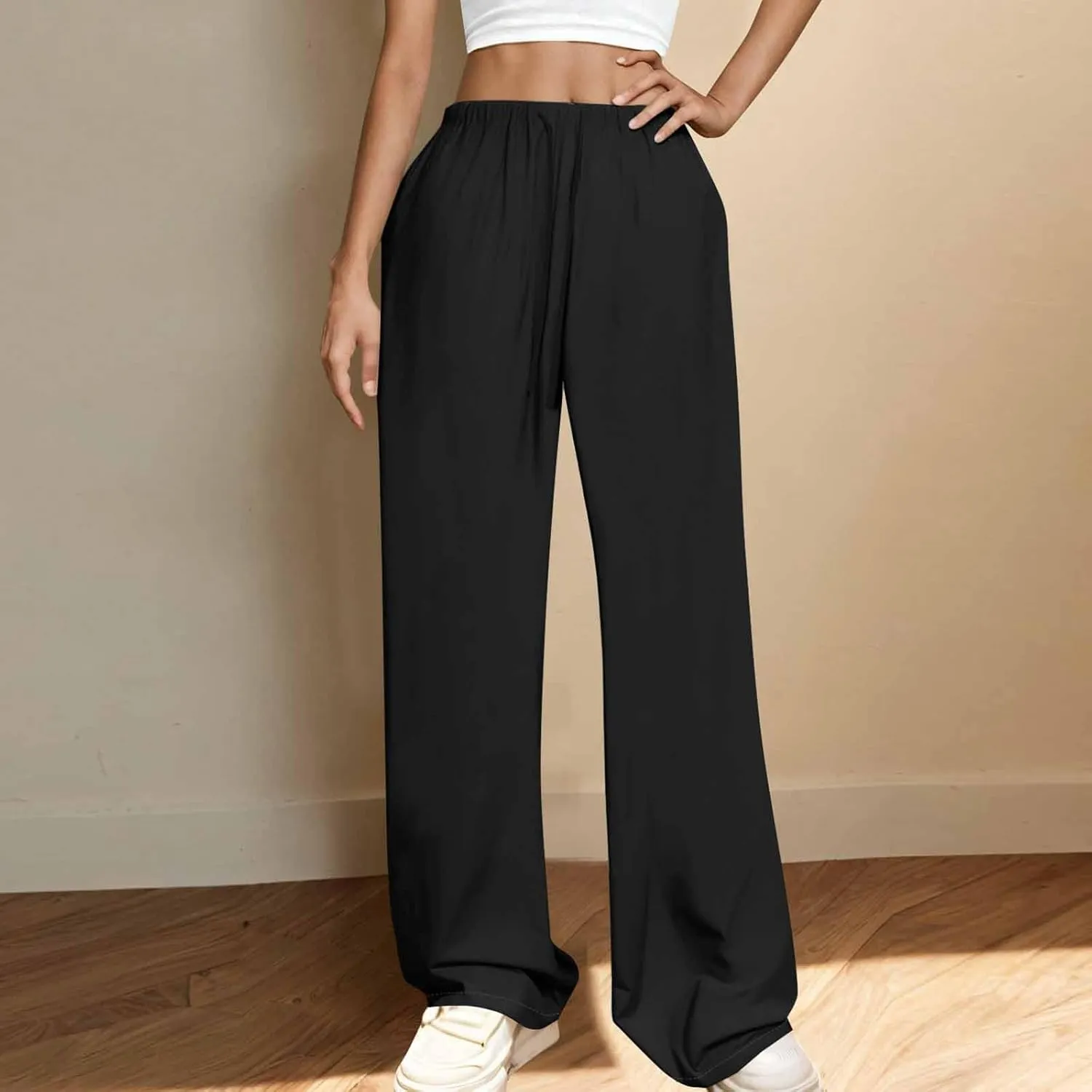 Lounge Pants Women Flowy Beach Pants Linen Palazzo Pants Summer Elastic Pants Workout Soft Pants Long Trousers