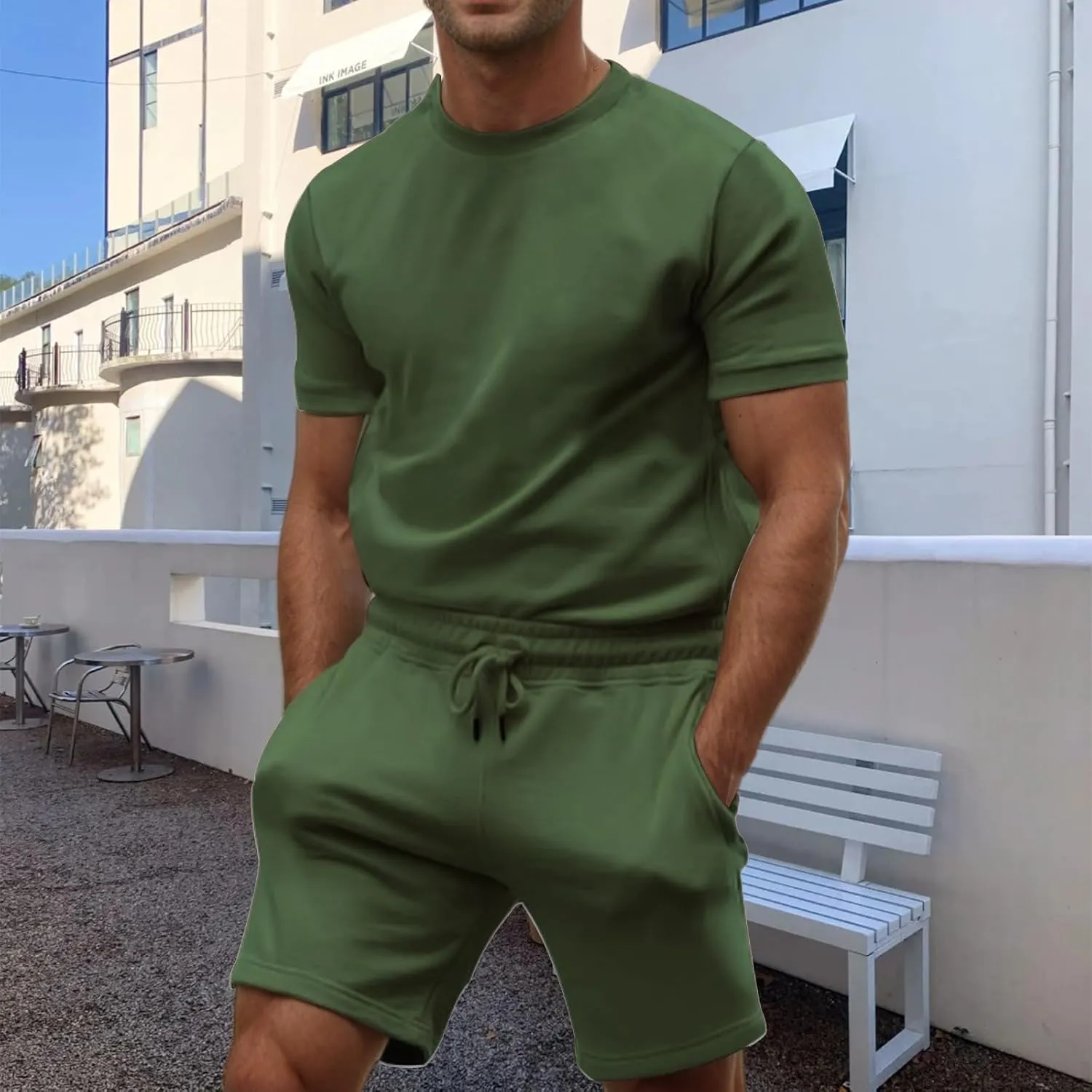 Mens 2 Piece Sweatsuits Sets, Short Sleeve Crewneck Sweatshirt with Casual Shorts for Sports, Workout, Running