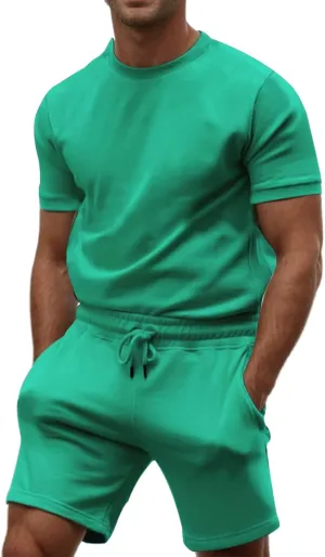 Mens 2 Piece Sweatsuits Sets, Short Sleeve Crewneck Sweatshirt with Casual Shorts for Sports, Workout, Running