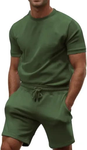 Mens 2 Piece Sweatsuits Sets, Short Sleeve Crewneck Sweatshirt with Casual Shorts for Sports, Workout, Running