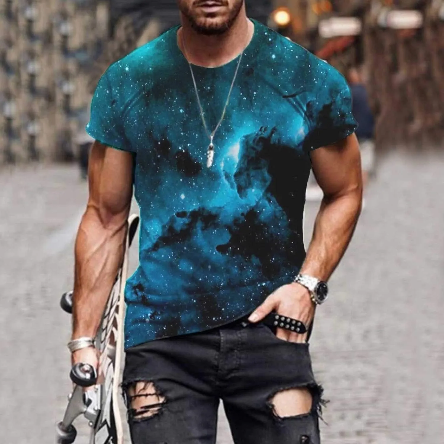 Mens 3D Printed T-Shirt Aloha Hipster Hip Hop Pullover Tees Workout Colour Block Gym Muscle Top Vintage Blouse