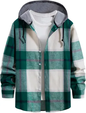 Mens Button Down Flannel Shackets with Hood Regular Fit Long Sleeve Oversized Casual Plaid Brushed Western Shirts