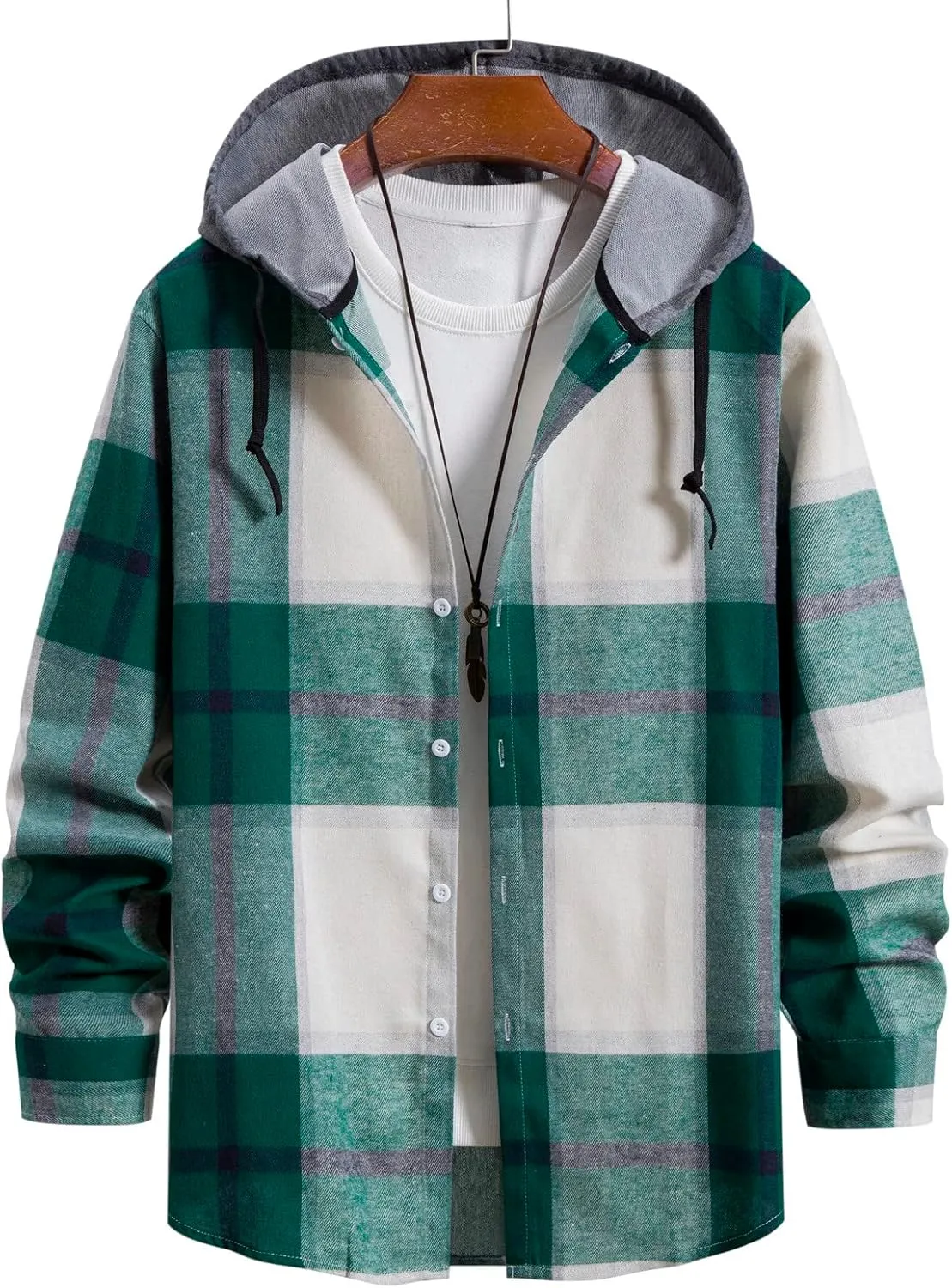 Mens Button Down Flannel Shackets with Hood Regular Fit Long Sleeve Oversized Casual Plaid Brushed Western Shirts
