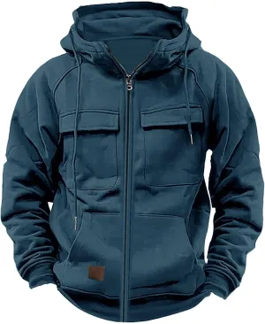 Mens Cargo Hoodies Casual Lightweight Full Zip Drawstring Tactical Hooded Sweatshirts Workout Athletic Jackets Outwear