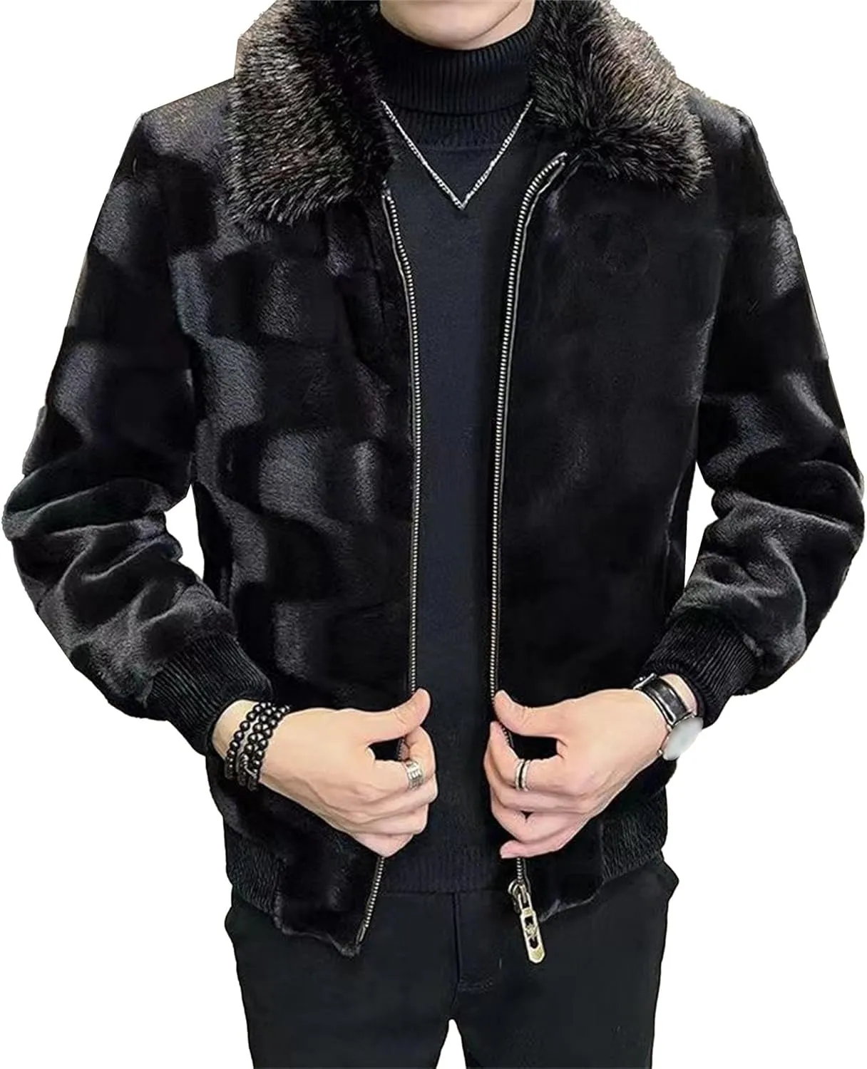 Men's Classic Fluffy Faux Fur Coat Plush Faux Fur Winter Bomber Jacket Turndown Collar Luxury Fleece Coats