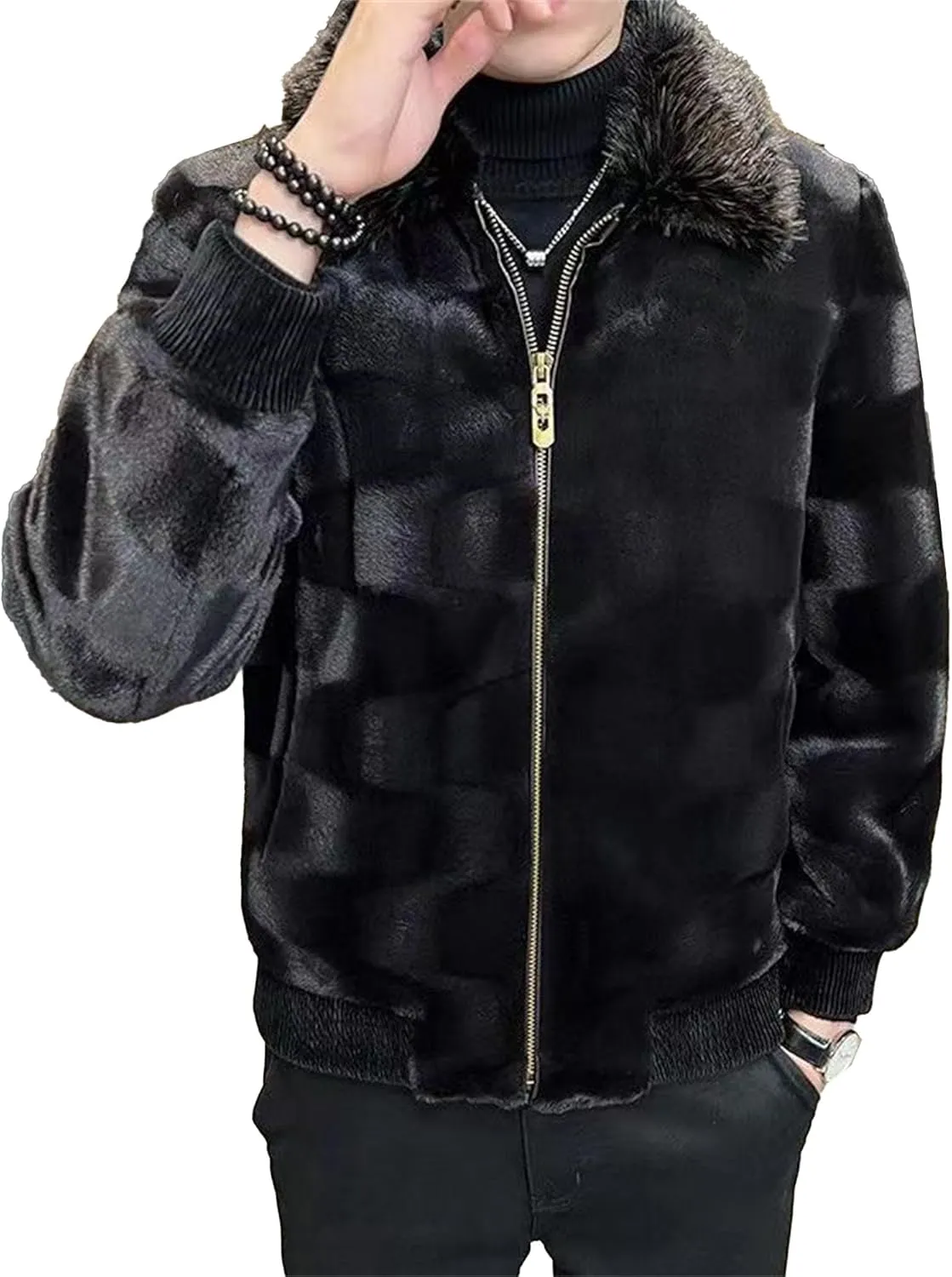 Men's Classic Fluffy Faux Fur Coat Plush Faux Fur Winter Bomber Jacket Turndown Collar Luxury Fleece Coats