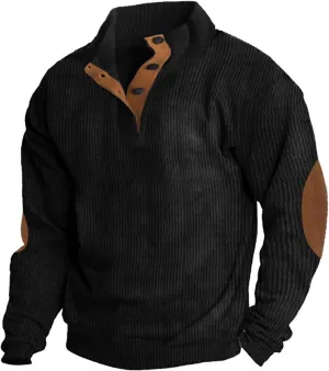 Men's Corduroy Sweatshirt Casual Long Sleeve Stand Collar Button Pullover Sweatshirts Lightweight Big and Tall Hoodie