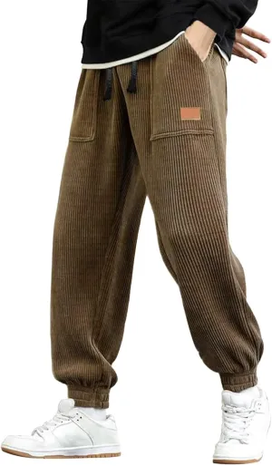 Mens Corduroy Vintage Cargo Sweatpants Long Solid Elastic Waist Casual Pants Hip Hop Harem Pants Fashion Corduroy