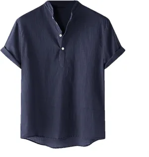Men's Cotton Linen Henley Shirt Short Sleeve Breathable Shirts Casual Lightweight Summer Tee Tops