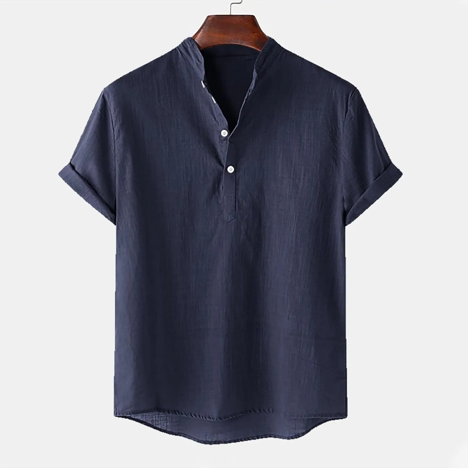 Men's Cotton Linen Henley Shirt Short Sleeve Breathable Shirts Casual Lightweight Summer Tee Tops