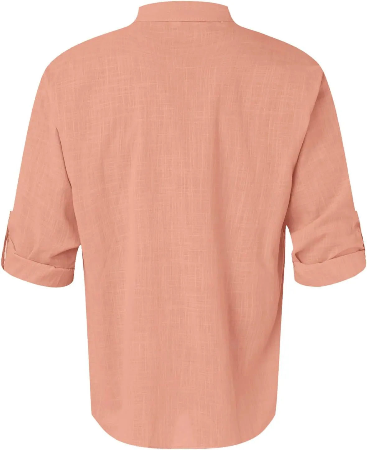 Men's Cotton Linen Henley Shirts Band Collar Long Sleeve Roll-up Hawiian Beach Casual Shirt Regular Fit Tops 2025 Summer