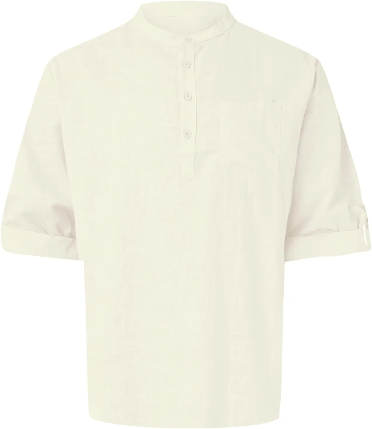 Men's Cotton Linen Henley Shirts Band Collar Long Sleeve Roll-up Hawiian Beach Casual Shirt Regular Fit Tops 2025 Summer