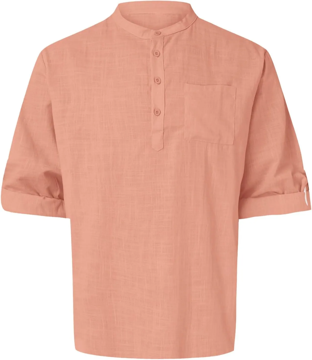 Men's Cotton Linen Henley Shirts Band Collar Long Sleeve Roll-up Hawiian Beach Casual Shirt Regular Fit Tops 2025 Summer