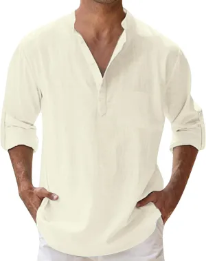 Men's Cotton Linen Henley Shirts Band Collar Long Sleeve Roll-up Hawiian Beach Casual Shirt Regular Fit Tops 2025 Summer