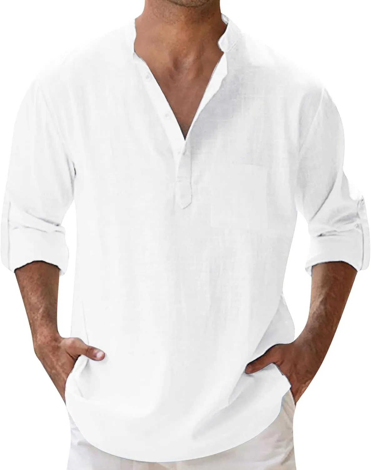 Men's Cotton Linen Henley Shirts Band Collar Long Sleeve Roll-up Hawiian Beach Casual Shirt Regular Fit Tops 2025 Summer
