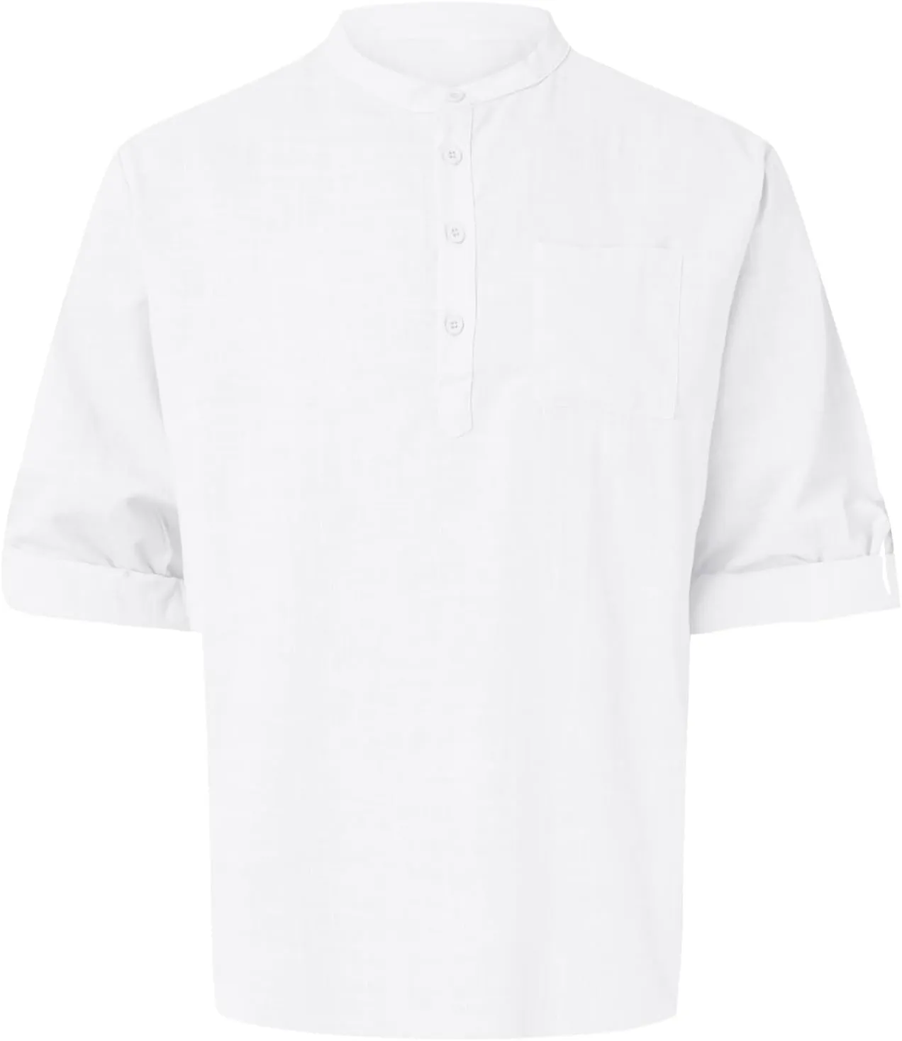 Men's Cotton Linen Henley Shirts Band Collar Long Sleeve Roll-up Hawiian Beach Casual Shirt Regular Fit Tops 2025 Summer