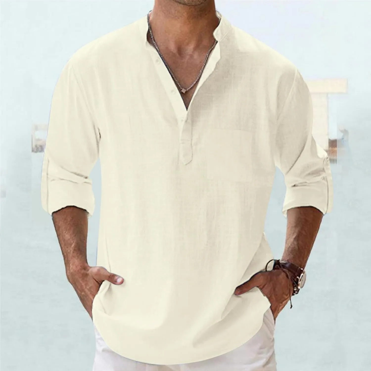 Men's Cotton Linen Henley Shirts Band Collar Long Sleeve Roll-up Hawiian Beach Casual Shirt Regular Fit Tops 2025 Summer