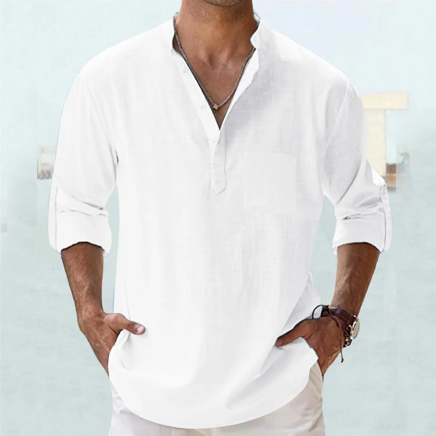 Men's Cotton Linen Henley Shirts Band Collar Long Sleeve Roll-up Hawiian Beach Casual Shirt Regular Fit Tops 2025 Summer
