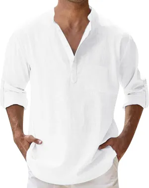 Men's Cotton Linen Henley Shirts Band Collar Long Sleeve Roll-up Hawiian Beach Casual Shirt Regular Fit Tops 2025 Summer