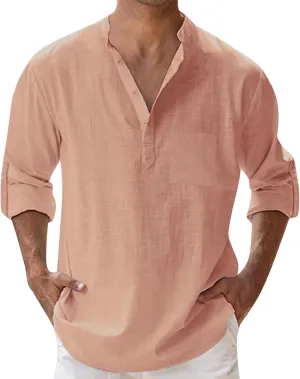 Men's Cotton Linen Henley Shirts Band Collar Long Sleeve Roll-up Hawiian Beach Casual Shirt Regular Fit Tops 2025 Summer