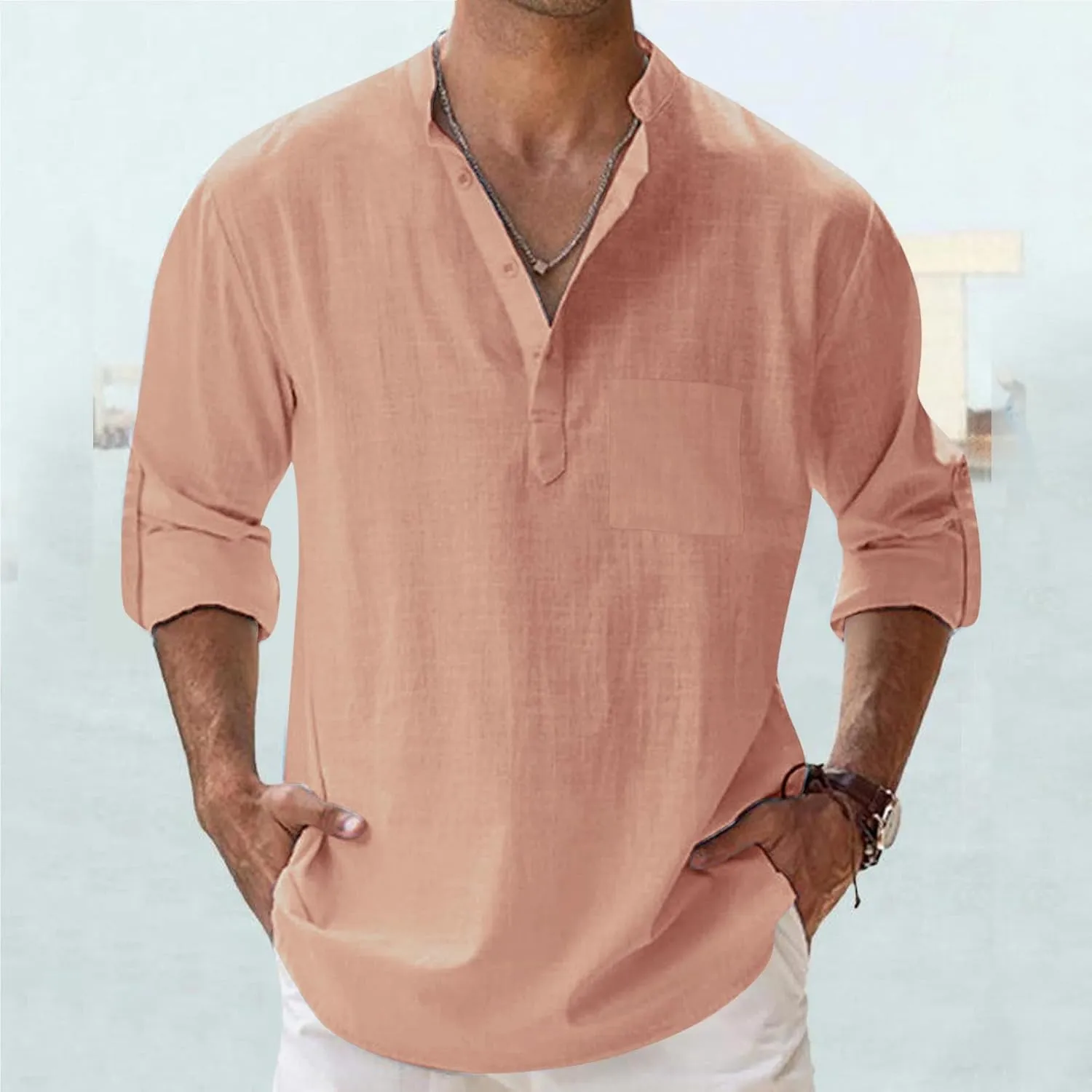 Men's Cotton Linen Henley Shirts Band Collar Long Sleeve Roll-up Hawiian Beach Casual Shirt Regular Fit Tops 2025 Summer