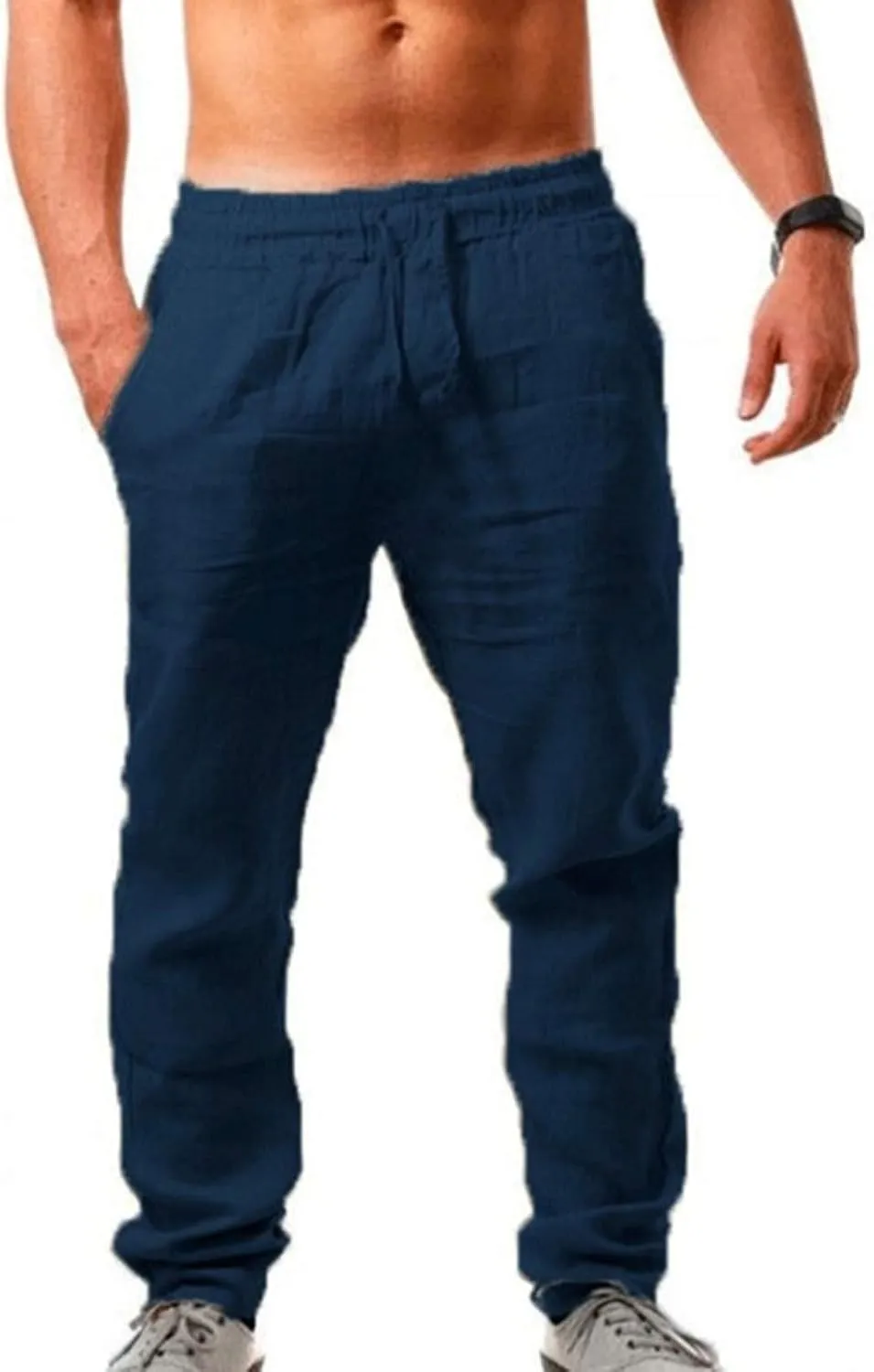 Men's Cotton Linen Pants Breathable Loose Trousers Mens Classic-Fit Casual Trousers Elastic Waist Beach Yoga Pants