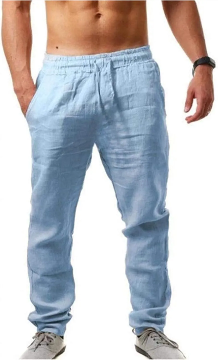 Men's Cotton Linen Pants Breathable Loose Trousers Mens Classic-Fit Casual Trousers Elastic Waist Beach Yoga Pants