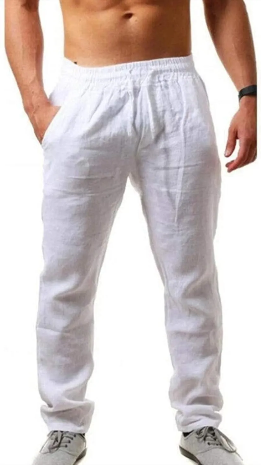 Men's Cotton Linen Pants Breathable Loose Trousers Mens Classic-Fit Casual Trousers Elastic Waist Beach Yoga Pants