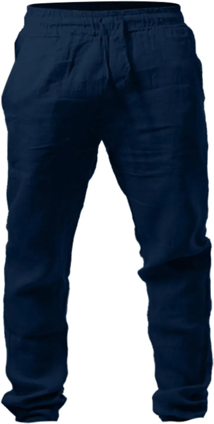 Men's Cotton Linen Pants Breathable Loose Trousers Mens Classic-Fit Casual Trousers Elastic Waist Beach Yoga Pants