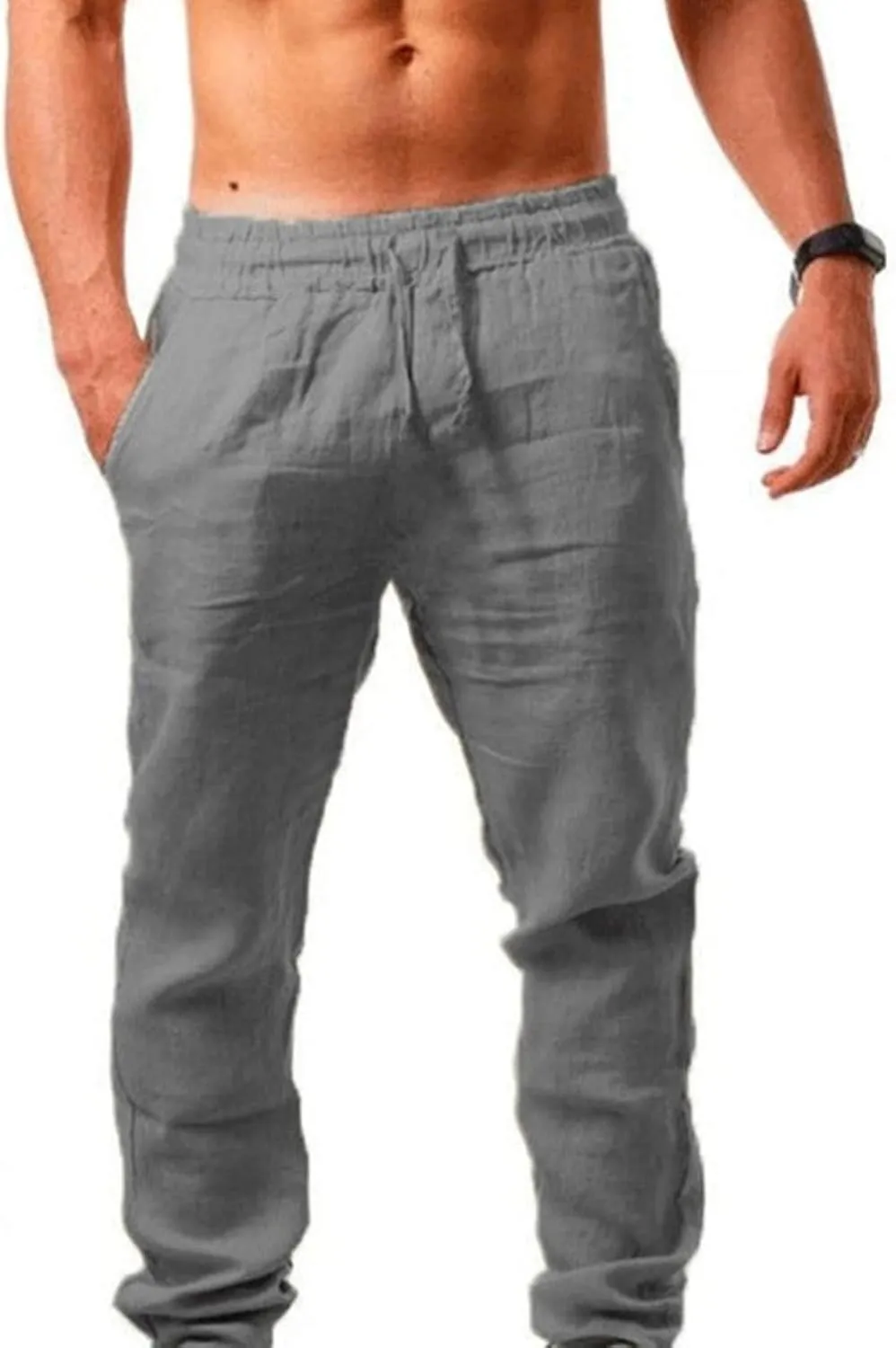 Men's Cotton Linen Pants Breathable Loose Trousers Mens Classic-Fit Casual Trousers Elastic Waist Beach Yoga Pants