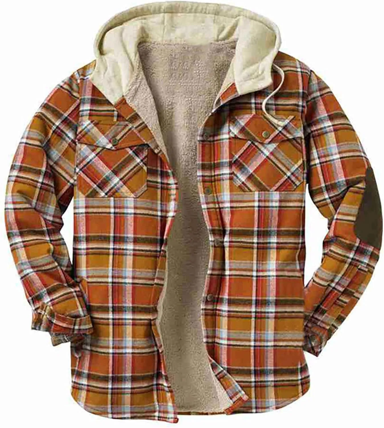 Men's Fashion Check Hooded Jacket Quilted Lining Button Check Shirt Winter Fleece Thermal Jacket With Hood Gift for Men