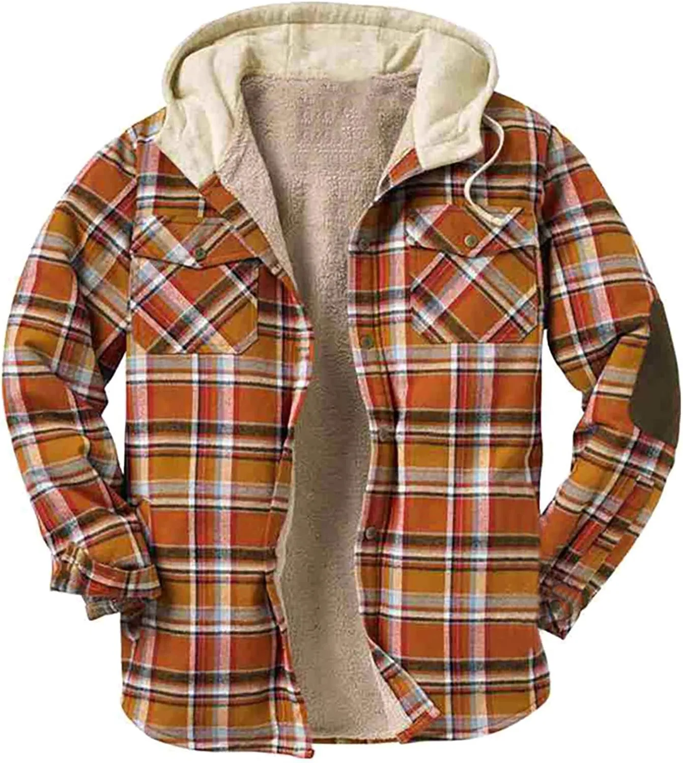 Men's Fashion Check Hooded Jacket Quilted Lining Button Check Shirt Winter Fleece Thermal Jacket With Hood Gift for Men