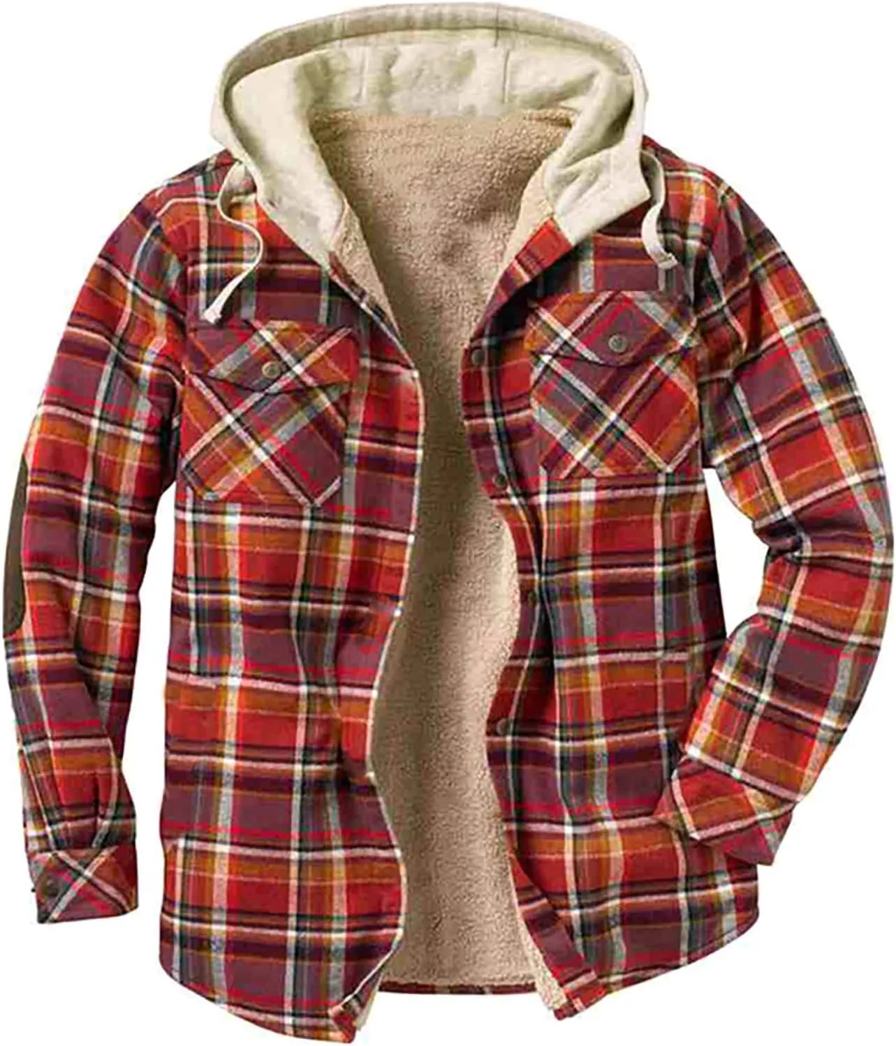 Men's Fashion Check Hooded Jacket Quilted Lining Button Check Shirt Winter Fleece Thermal Jacket With Hood Gift for Men
