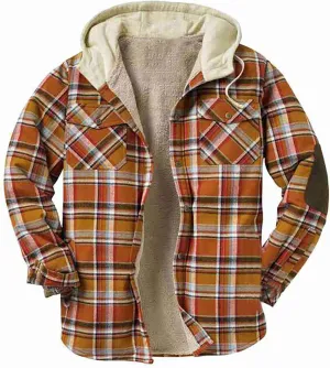 Men's Fashion Check Hooded Jacket Quilted Lining Button Check Shirt Winter Fleece Thermal Jacket With Hood Gift for Men