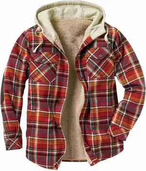 Men's Fashion Check Hooded Jacket Quilted Lining Button Check Shirt Winter Fleece Thermal Jacket With Hood Gift for Men