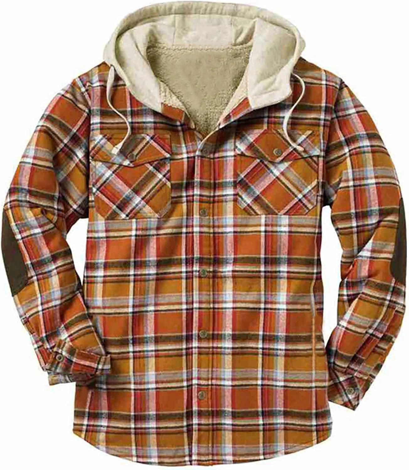 Men's Fashion Check Hooded Jacket Quilted Lining Button Check Shirt Winter Fleece Thermal Jacket With Hood Gift for Men