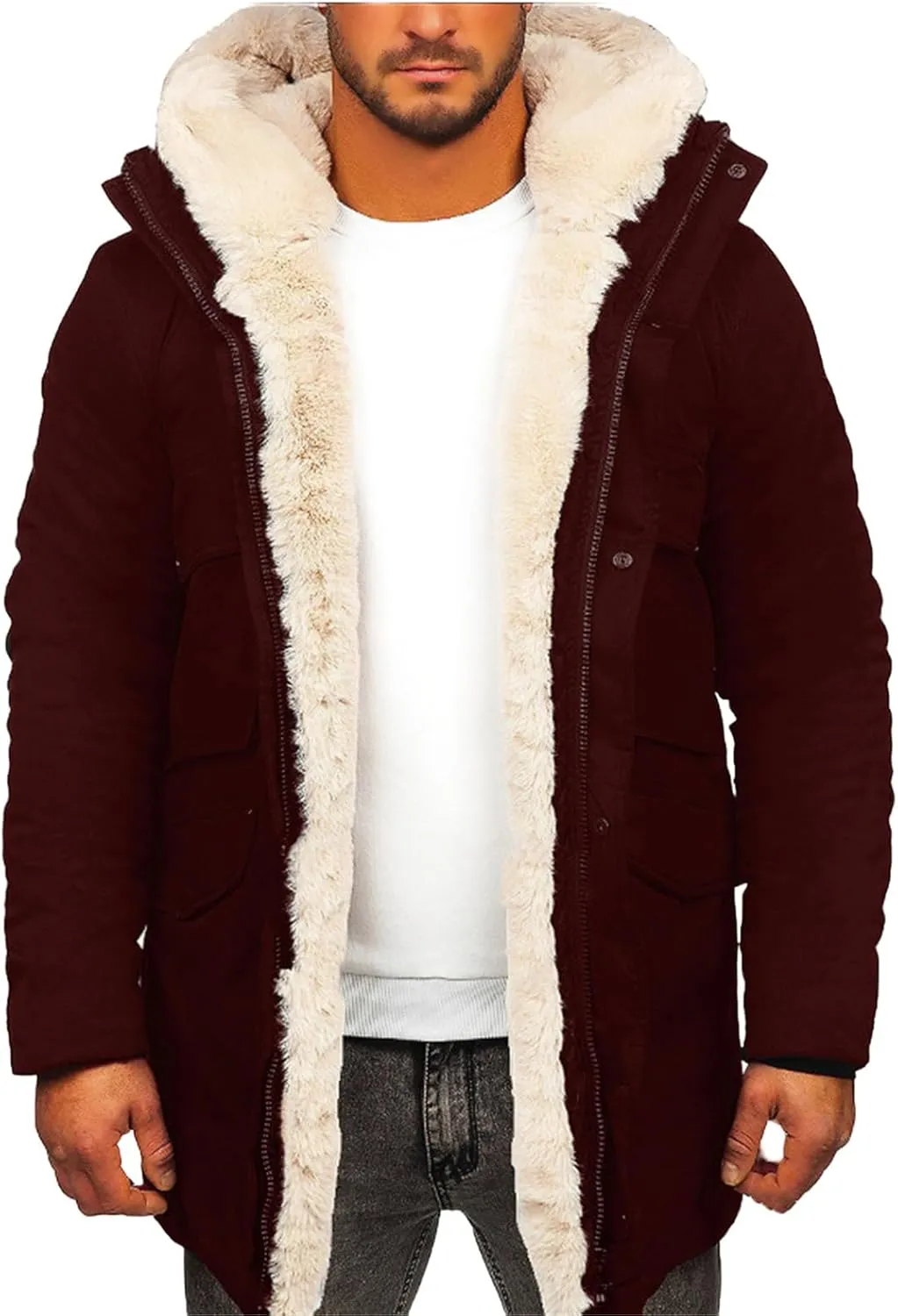 Mens Faux Leather Jacket with Faux Fur Hooded Fleece Warm Outwear Oversized Casual Windproof Coats Winter Outfits