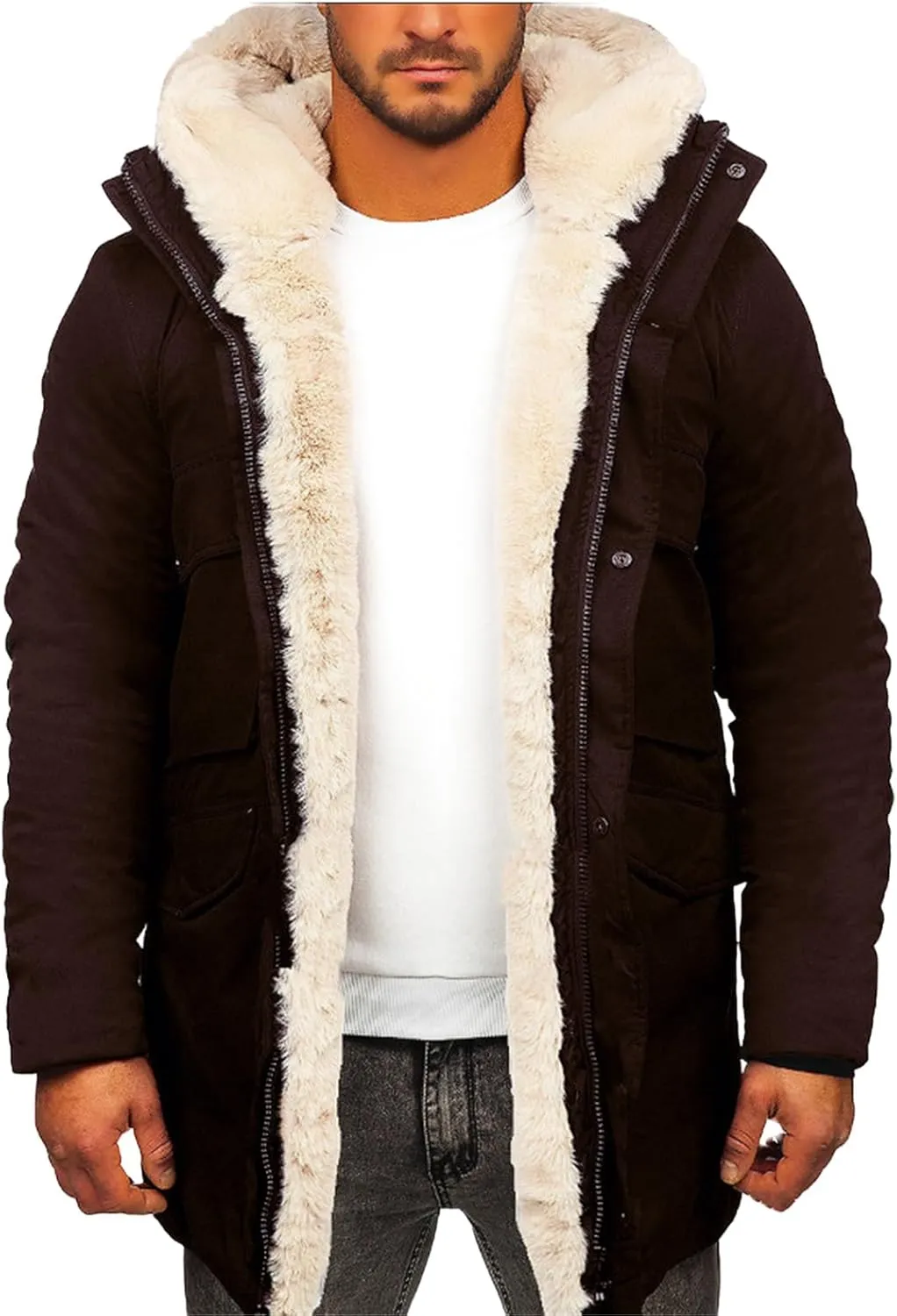 Mens Faux Leather Jacket with Faux Fur Hooded Fleece Warm Outwear Oversized Casual Windproof Coats Winter Outfits