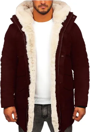 Mens Faux Leather Jacket with Faux Fur Hooded Fleece Warm Outwear Oversized Casual Windproof Coats Winter Outfits