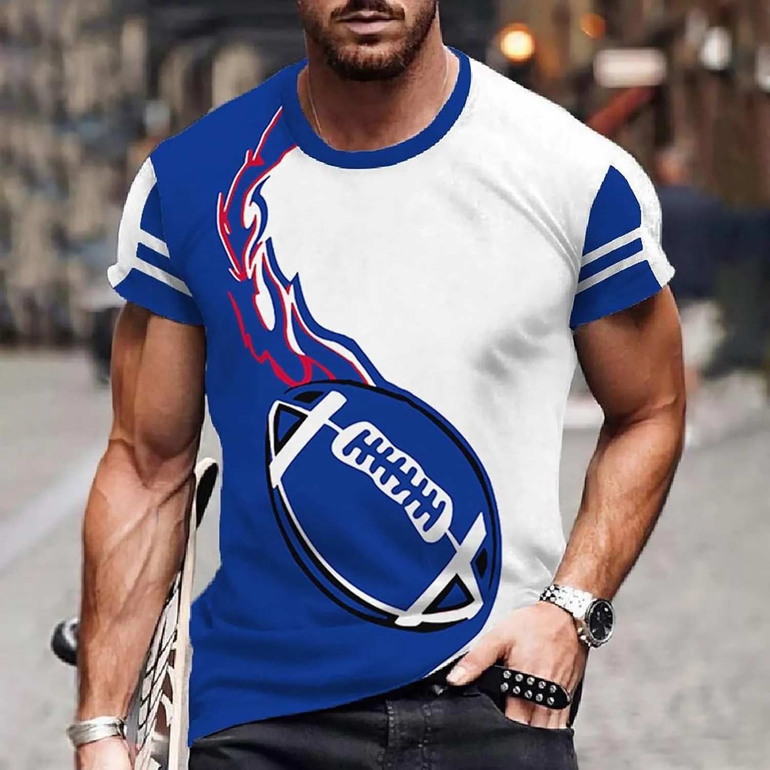 Men's Football Graphic T Shirt Short Sleeve Crew Neck Color Block Fashion Tee Breathable Gym Running Training Workout Shirt