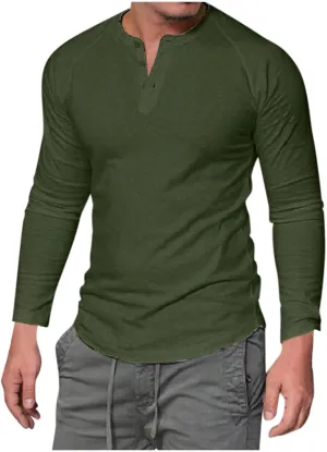 Men's Henley Shirt Long Sleeve Casual Lightweight Button Cotton Basic T-Shirt Raglan Sleeve
