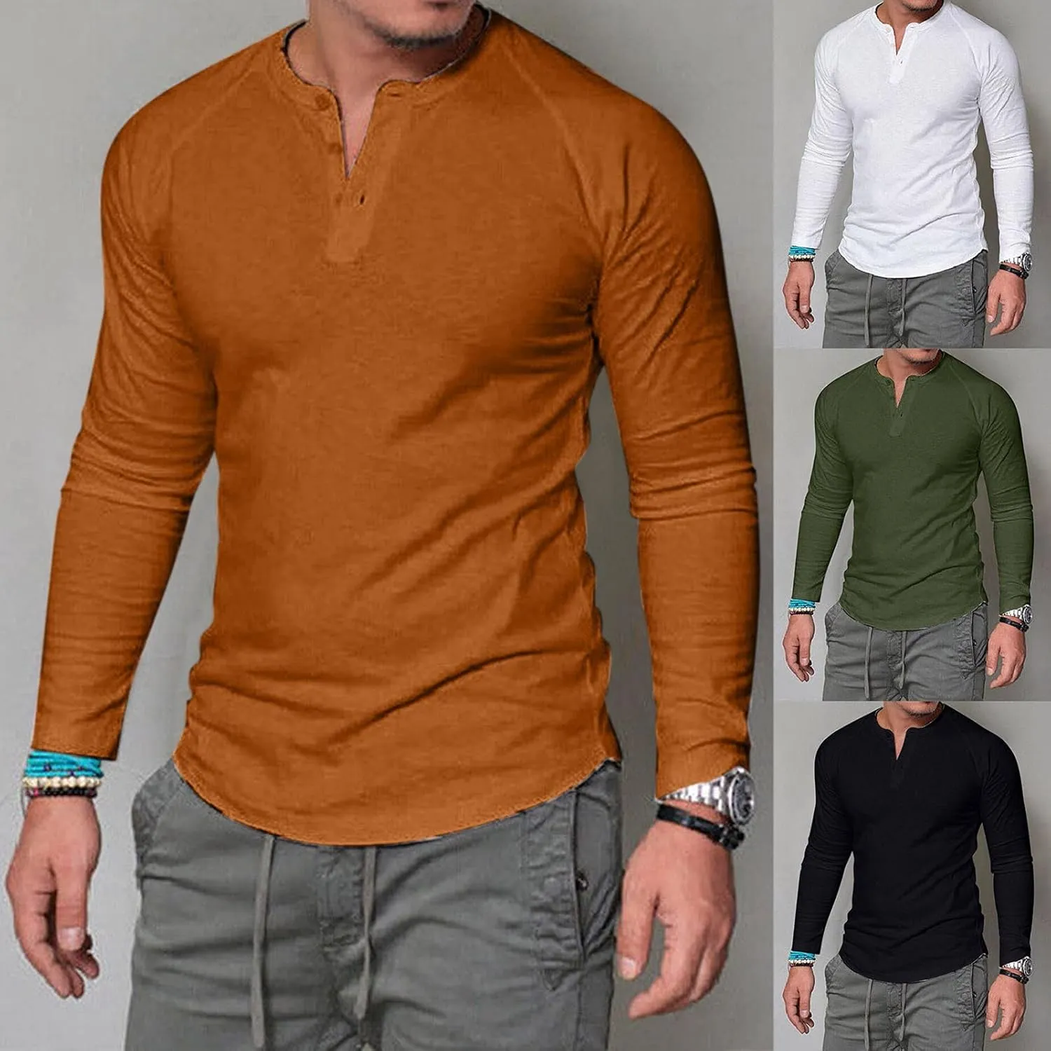 Men's Henley Shirt Long Sleeve Casual Lightweight Button Cotton Basic T-Shirt Raglan Sleeve