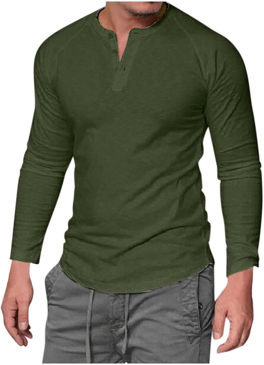 Men's Henley Shirt Long Sleeve Casual Lightweight Button Cotton Basic T-Shirt Raglan Sleeve