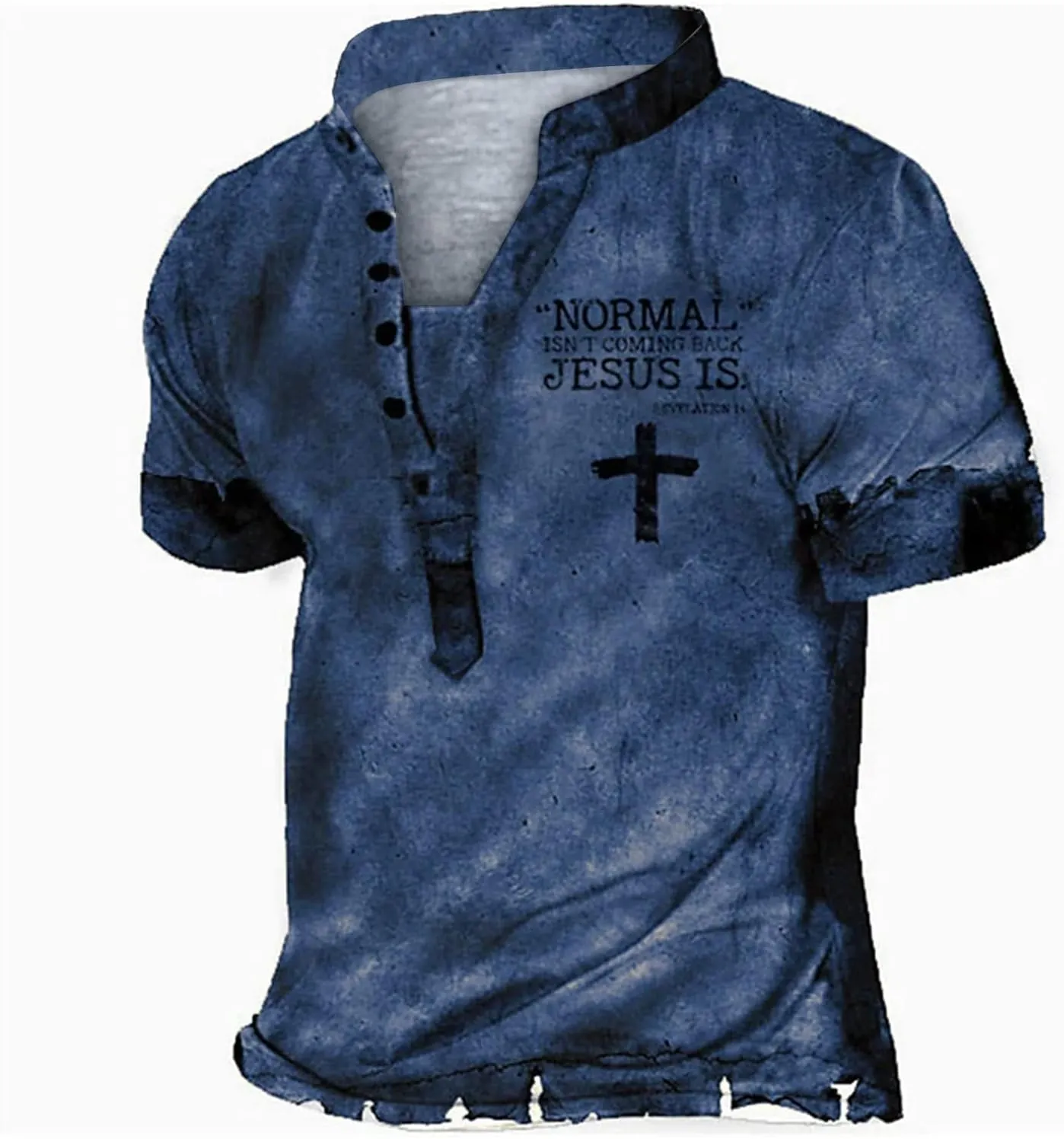 Men's Hipster Distressed T-Shirts Novelty Logo Banded Collar V Neck Short Sleeve Casual Button Up Front Placket Henley Shirts